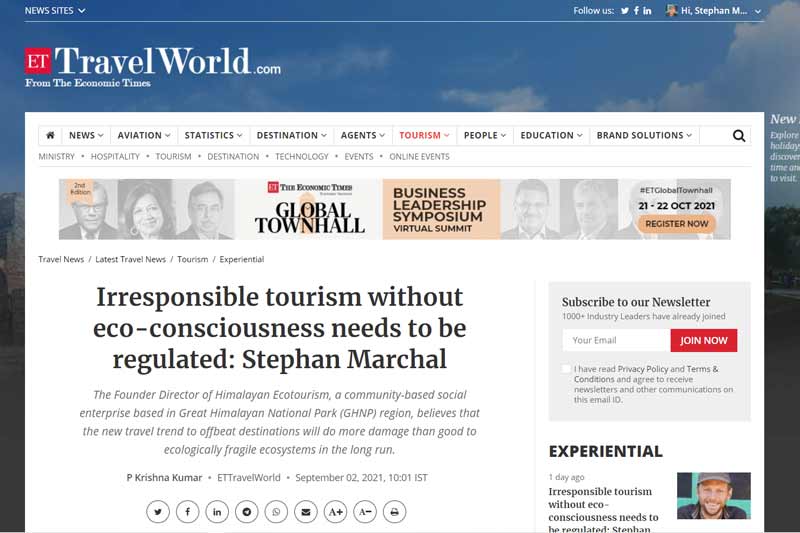 Himalayan Ecotourism Press coverage in the Economic Times Magazine 2021
