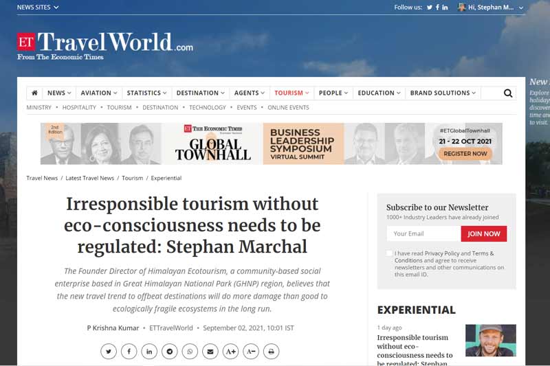 Himalayan Ecotourism Press coverage in the Economic Times Magazine 2021