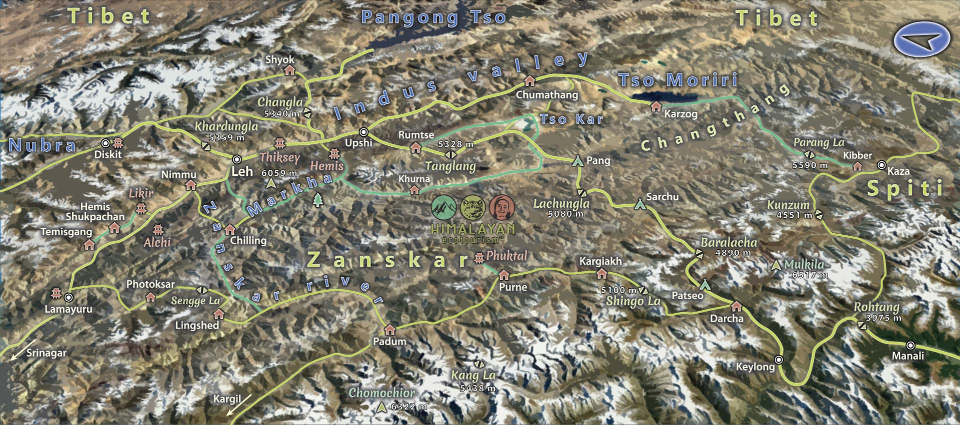 Map of Ladakh with roads and trekking routes