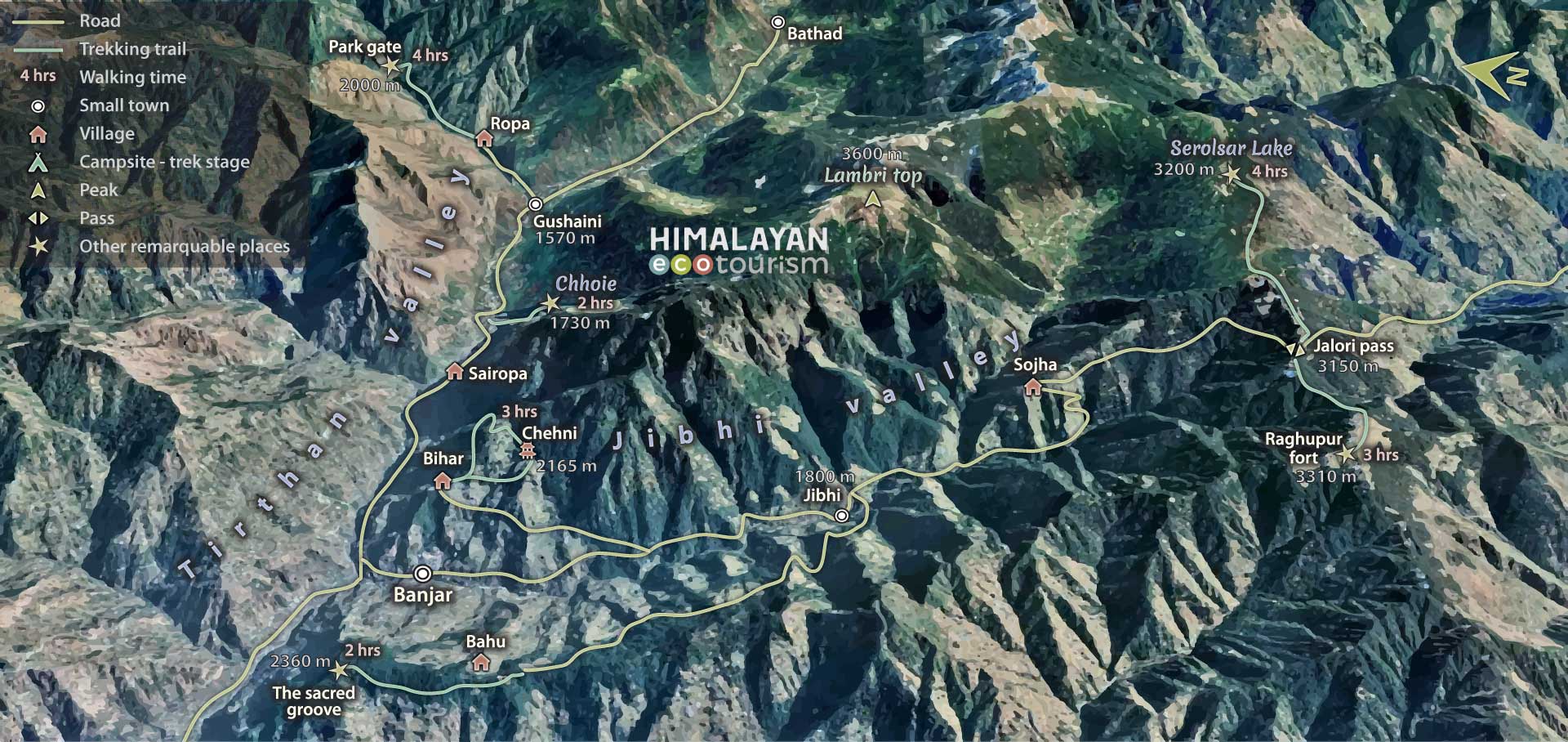 Map of day-hikes in the Tirthan valley